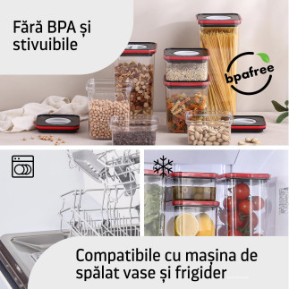 Containere alimentare, Smart Seal, pătrate, capac negru/roșu, set de 2+2, 0.55L + 1.35L