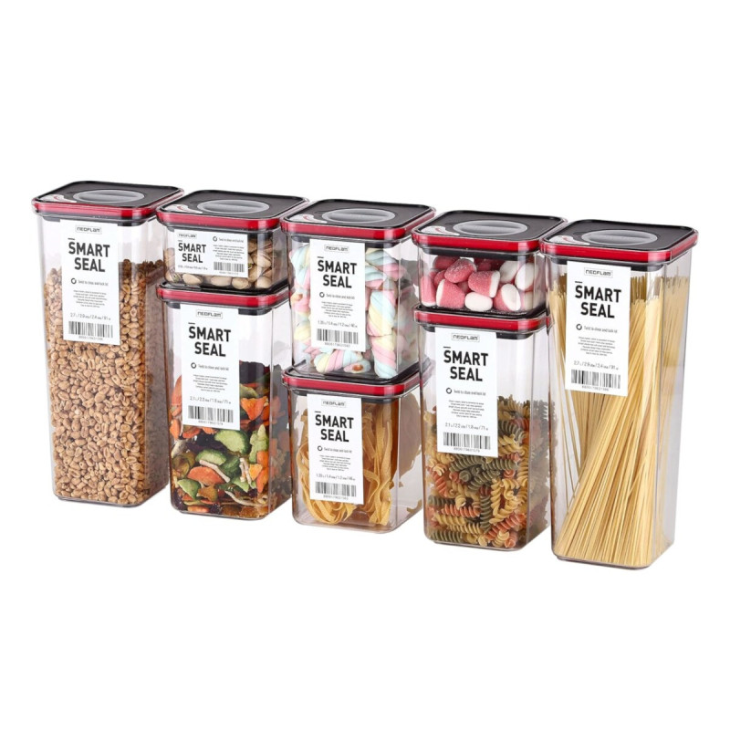 Контейнери за храна, Smart Seal, квадратни, капак черен/червен, комплект от 8, различни размери Контейнери за храна, Smart Seal, квадратни, капак черен/червен, комплект от 8, различни размери