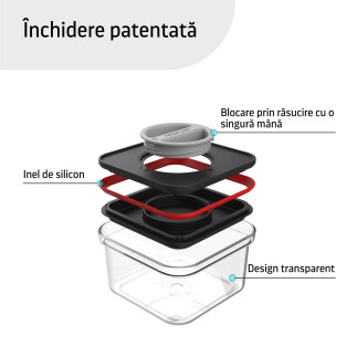 Food containers, Smart Seal, square, black w/red lid, set of 8, various sizes