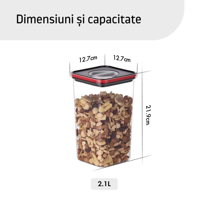 Container alimentar, Smart Seal, pătrat, capac negru/roșu, 2.1L