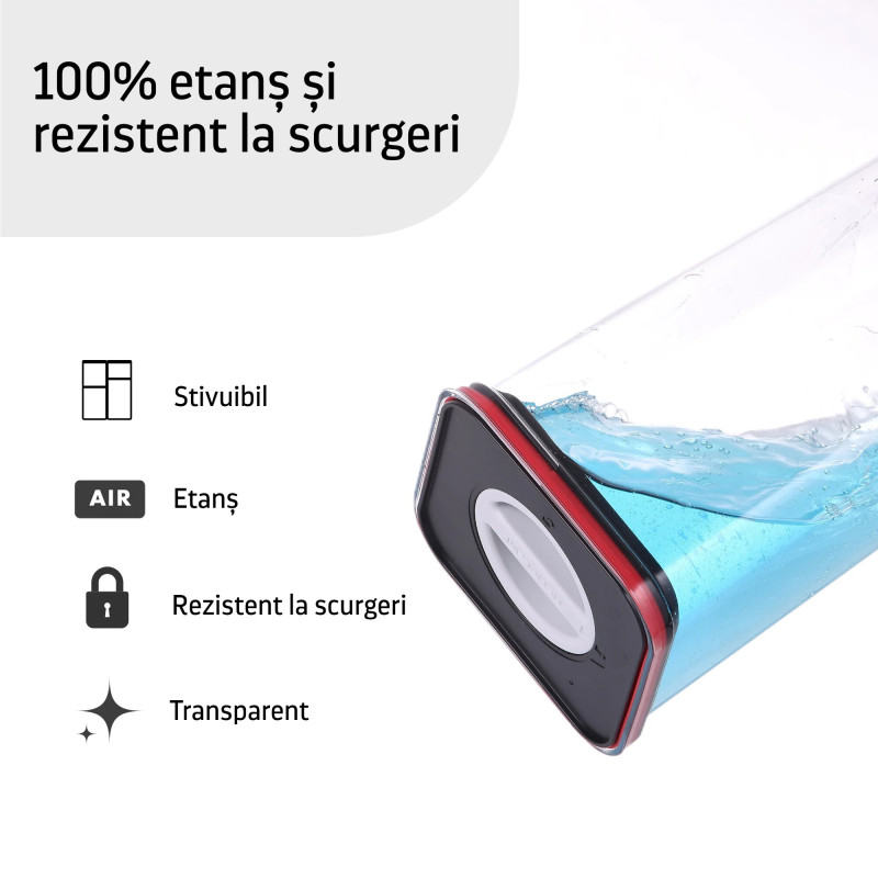 Container alimentar, Smart Seal, pătrat, capac negru/roșu, 2.1L