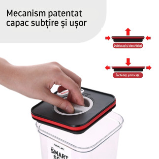 Containere alimentare, Smart Seal, pătrate, capac negru/roșu, 2.1L, set de 4