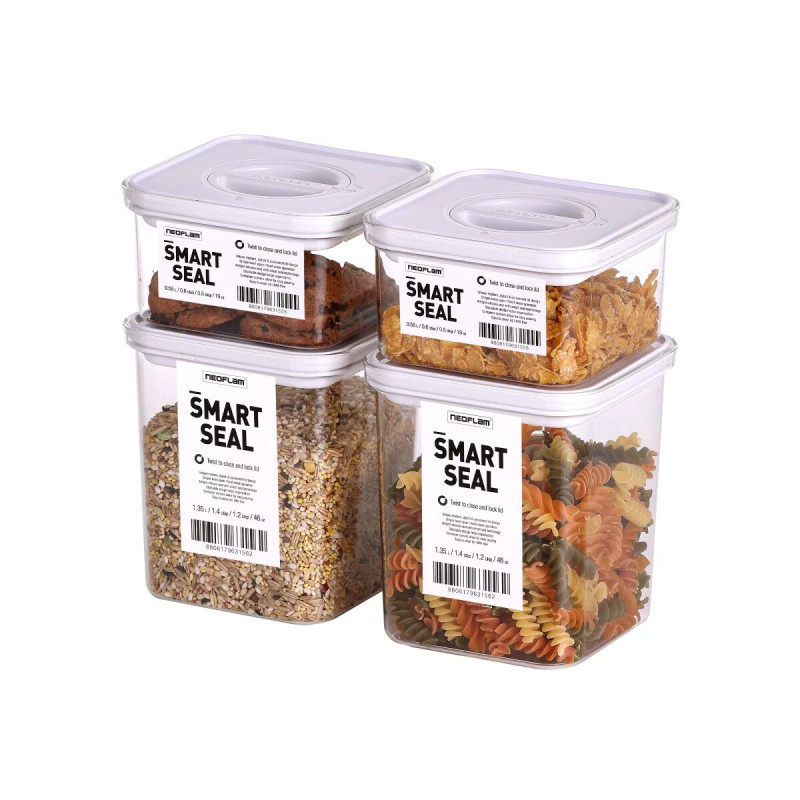 Élelmiszertároló edények, Smart Seal, négyzet alakú, fehér fedéllel, 2+2 darabos készlet, 0.55L + 1.35L Élelmiszertároló edények, Smart Seal, négyzet alakú, fehér fedéllel, 2+2 darabos készlet, 0.55L + 1.35L