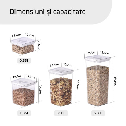 Food containers, Smart Seal, square, white lid, set of 8, various sizes