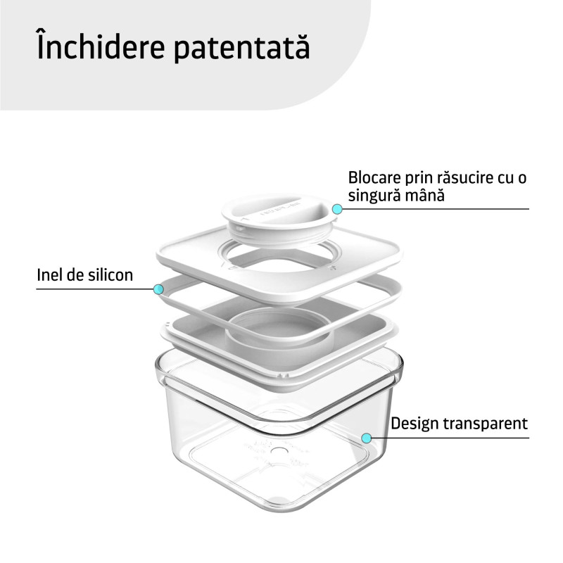 Container alimentar, Smart Seal, pătrat, capac alb, 0.55L