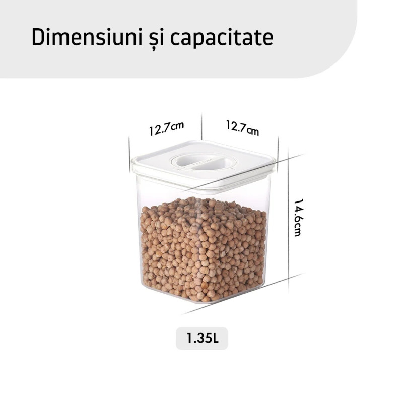 Container alimentar, Smart Seal, pătrat, capac alb, 1.35L