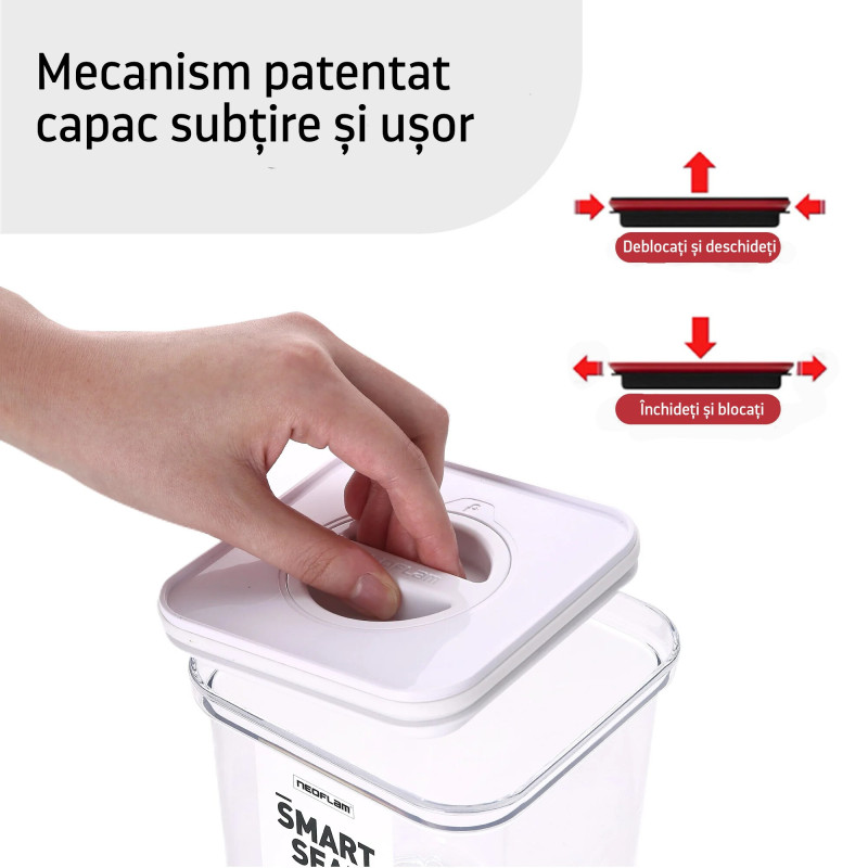Container alimentar, Smart Seal, pătrat, capac alb, 1.35L