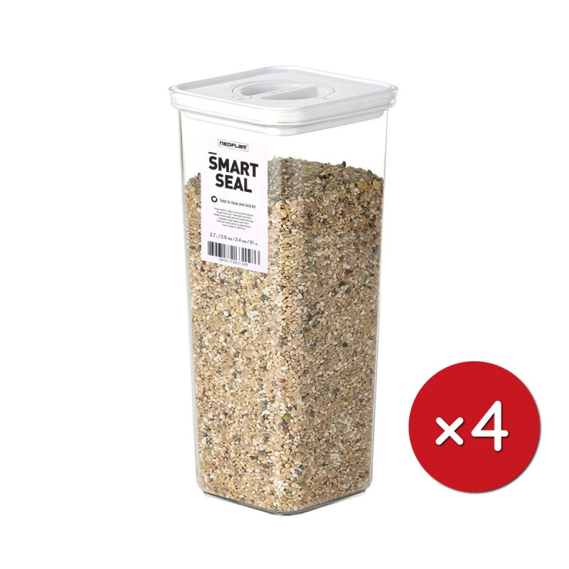 Élelmiszertároló edények, Smart Seal, négyzet alakú, fehér fedéllel, 2.7L, 4 darabos készlet Élelmiszertároló edények, Smart Seal, négyzet alakú, fehér fedéllel, 2.7L, 4 darabos készlet