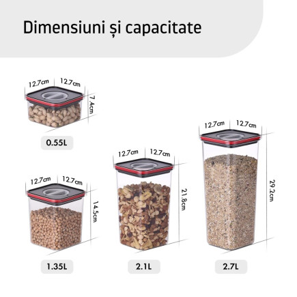 Containere alimentare, Smart Seal, pătrate, capac negru/roșu, set de 4, diverse dimensiuni