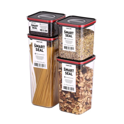 Food containers, Smart Seal, square, black w/red lid, set of 4, various sizes
