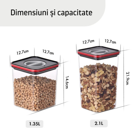 Containere alimentare, Smart Seal, pătrate, capac negru/roșu, set de 2+2, 1.35L + 2.1L