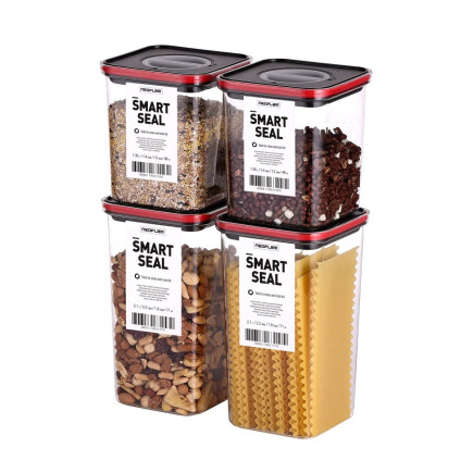 Food containers, Smart Seal, square, black w/red lid, set of 2+2, 1.35L + 2.1L