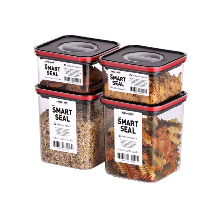 Food containers, Smart Seal, square, black w/red lid, set of 2+2, 0.55L + 1.35L