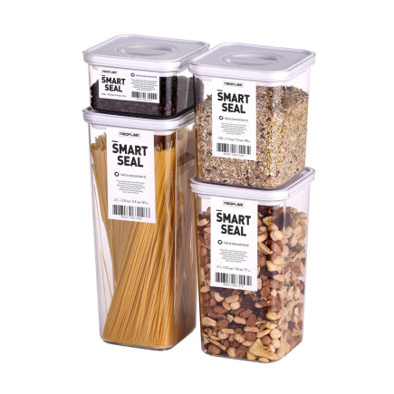 Food containers, Smart Seal, square, white lid, set of 4, various sizes