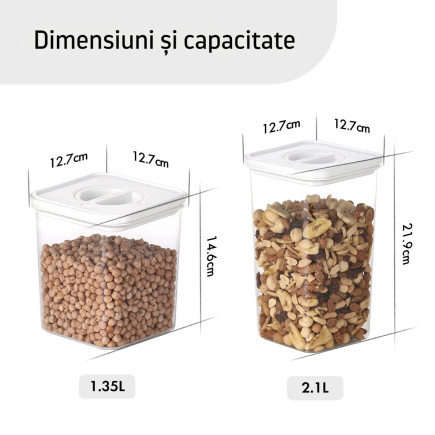 Containere alimentare, Smart Seal, pătrate, capac alb, set de 2+2, 1.35L + 2.1L