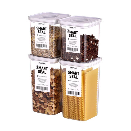 Food containers, Smart Seal, square, white lid, set of 2+2, 1.35L + 2.1L