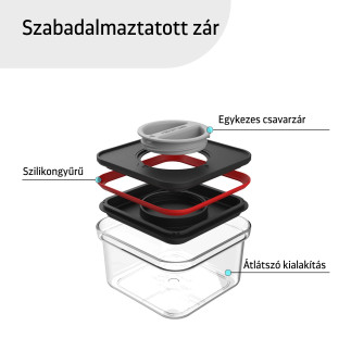 Élelmiszertároló edények, Smart Seal, négyzet alakú, fekete/piros fedéllel, 0.55L, 4 darabos készlet