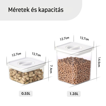 Élelmiszertároló edények, Smart Seal, négyzet alakú, fehér fedéllel, 2+2 darabos készlet, 0.55L + 1.35L