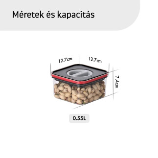 Élelmiszertároló edény, Smart Seal, négyzet alakú, fekete/piros fedéllel, 0.55L