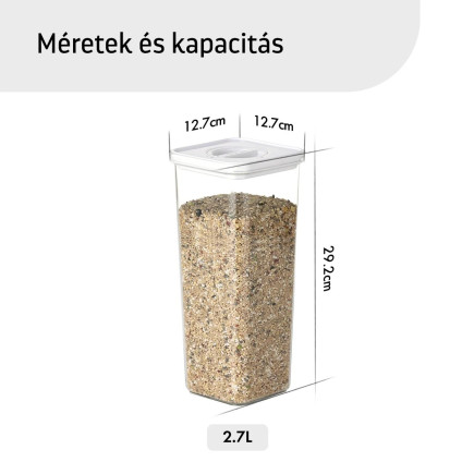 Élelmiszertároló edény, Smart Seal, négyzet alakú, fehér fedéllel, 2.7L